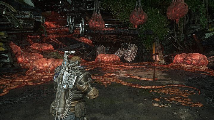Pulsating red cocoons (both on the ground and those hanging) can be destroyed with weapons - Act 1 Chapter 1 - Shot in the Dark | Gears 5 Walkthrough - Act I - Gears 5 Guide