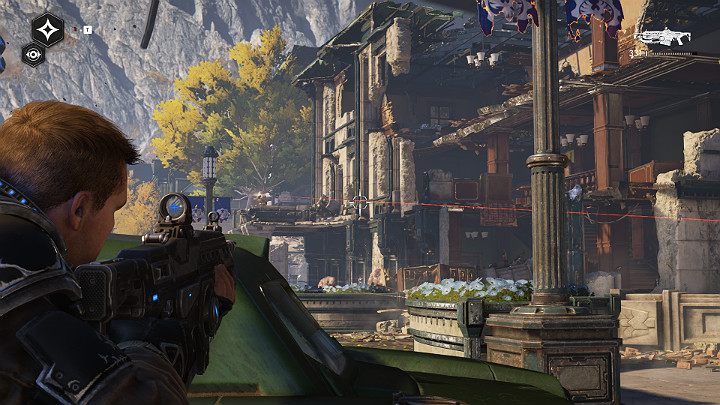 Pay attention to the snipers in different places in the building on the right - Act 1 Chapter 3 - This is War | Gears 5 Walkthrough - Act I - Gears 5 Guide