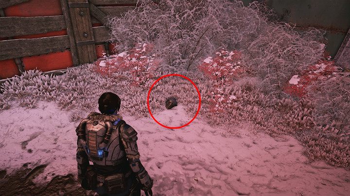 The next collectible is in the snow behind a big, fancy horn - GEARs lost helmet - Act 2 Chapter 1 - Recruitment | Gears 5 Walkthrough - Act II - Gears 5 Guide