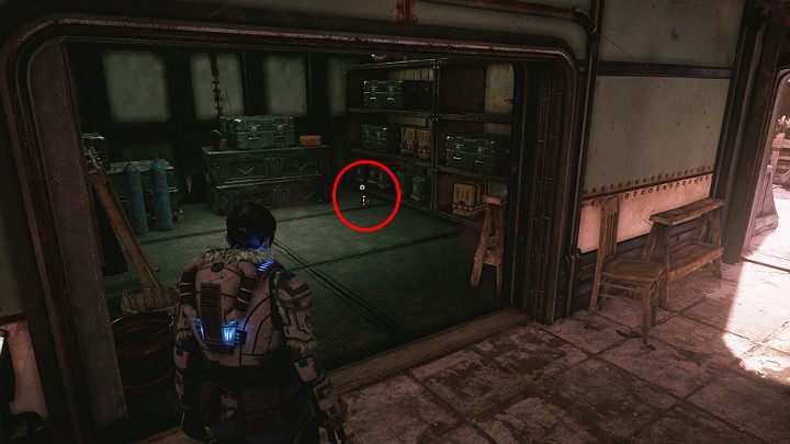 Going down the stairs, look towards the storage room - another component is lying on the ground - Act 2 Chapter 1 - Recruitment | Gears 5 Walkthrough - Act II - Gears 5 Guide