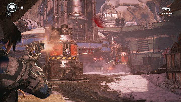 Here, you will find one heavily armored and armed enemy (hanging over the entrance to the hall), and a lot of lesser enemies - Act 2 Chapter 1 - Recruitment | Gears 5 Walkthrough - Act II - Gears 5 Guide