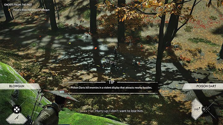 You can choose the blowgun from the drop-down menu for ranged weapons - Ghost of Tsushima: Ghosts from the Past walkthrough - Act 2 - Ghost of Tsushima Guide, Walkthrough