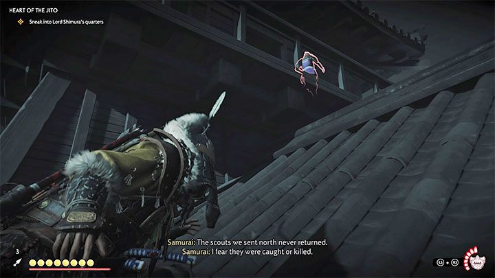 Look for two new ladders leading to the roof of the castle, but watch out for a single guard - Ghost of Tsushima: Heart of the Jito walkthrough - Act 3 - Ghost of Tsushima Guide, Walkthrough