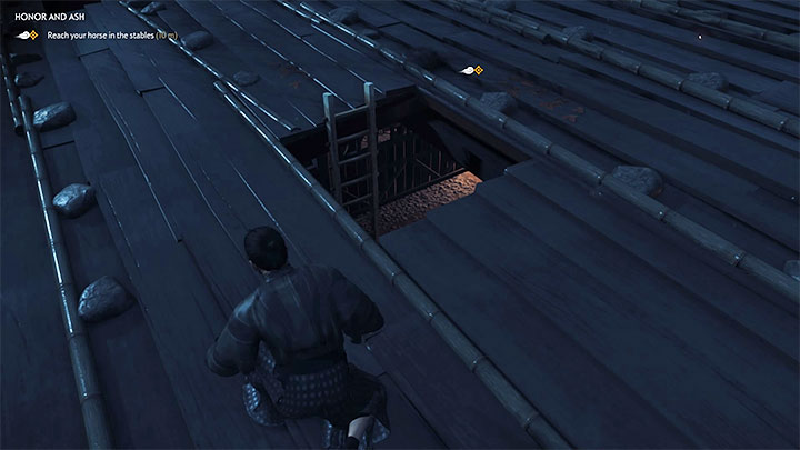 Get into the stables by jumping through a hole in the roof - Ghost of Tsushima: Honor and Ash walkthrough - Act 3 - Ghost of Tsushima Guide, Walkthrough