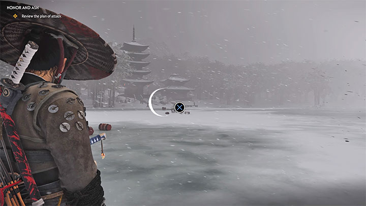 Reach the new vantage point marked by the game, from where you can spot a frozen lake and a temple occupied by the Mongols - Ghost of Tsushima: Honor and Ash walkthrough - Act 3 - Ghost of Tsushima Guide, Walkthrough
