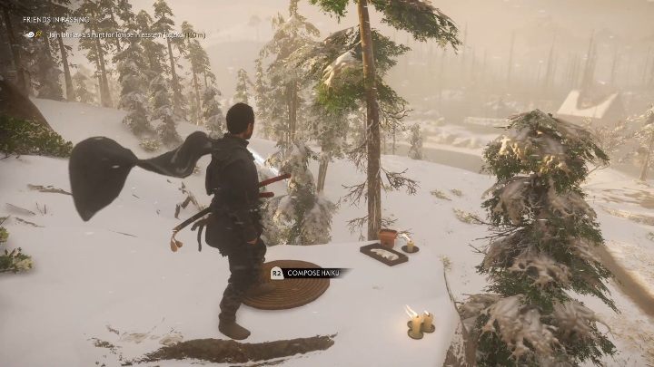 This spot for Haiku is in a snowy forest, on a small rock - Ghost of Tsushima: Haiku, Kamiagata Region secrets map, video guide - Kamiagata Region - Ghost of Tsushima Guide, Walkthrough