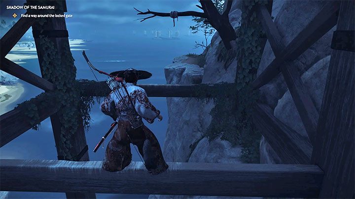 Jump to the first wooden support, then to the second and perform a jump combined with pressing R2 to catch the hook with your Grapple Hook - Ghost of Tsushima: Shadow of the Samurai walkthrough, video guide - Act 1 - Ghost of Tsushima Guide, Walkthrough