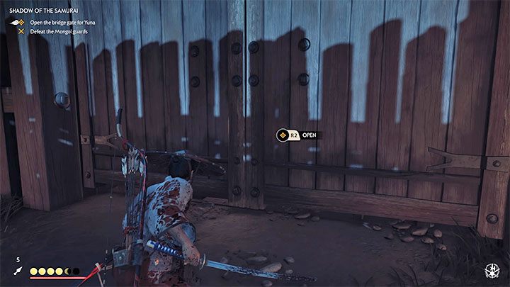 Once youre to the left of the locked gate, Jin locates a hole in the Palisade - Ghost of Tsushima: Shadow of the Samurai walkthrough, video guide - Act 1 - Ghost of Tsushima Guide, Walkthrough