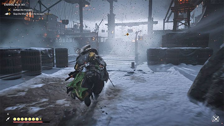 You have to head towards a large ship moored in the harbor because thats where the Khan escaped - Ghost of Tsushima: Eternal Blue Sky walkthrough, video guide - Act 3 - Ghost of Tsushima Guide, Walkthrough