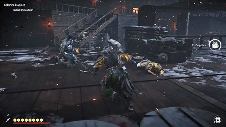 Khan initially stays on the upper deck, but after getting rid of most of his bodyguards, he joins the battle himself - Ghost of Tsushima: Eternal Blue Sky walkthrough, video guide - Act 3 - Ghost of Tsushima Guide, Walkthrough