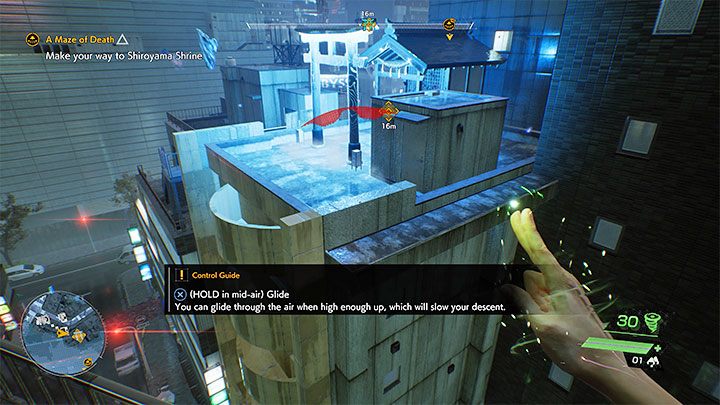 While traveling across the rooftops, you will also learn the Glide mechanics, which can be activated by holding down the jump button - Ghostwire Tokyo: A Maze of Death - walkthrough - Chapter 2 Trouble - Ghostwire Tokyo Guide