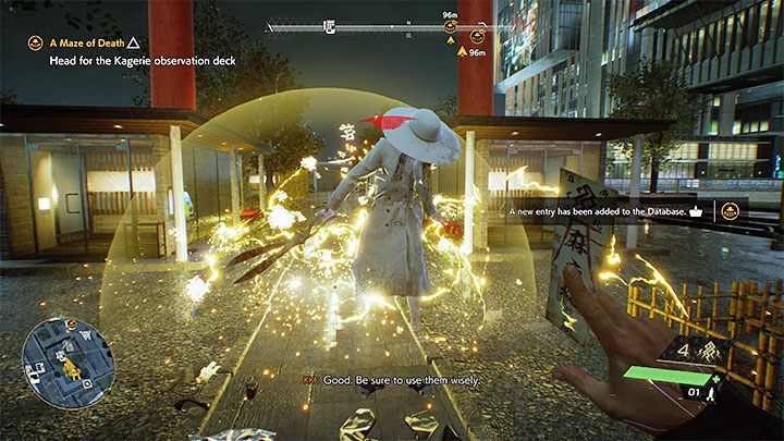 The game will allow you to "test" the Stun Talisman right away because a new elite Visitor will appear on the roof - Ghostwire Tokyo: A Maze of Death - walkthrough - Chapter 2 Trouble - Ghostwire Tokyo Guide