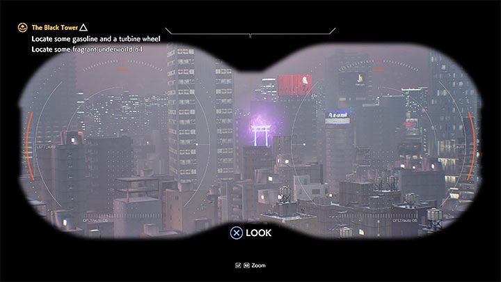You will find binoculars on the roof of the skyscraper, which you can interact with to search for interactive areas that can be explored - Ghostwire Tokyo: The Black Tower - walkthrough - Chapter 4: Contortion - Ghostwire Tokyo Guide