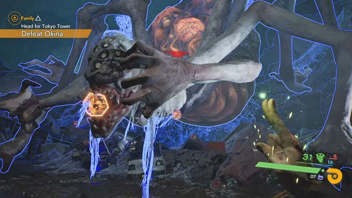 Using Spectral Vision near the boss will let you see that Okina has two weak points - on the mouth and in the lower part of the torso - Ghostwire Tokyo: Family - walkthrough - Chapter 5: Cutoff - Ghostwire Tokyo Guide