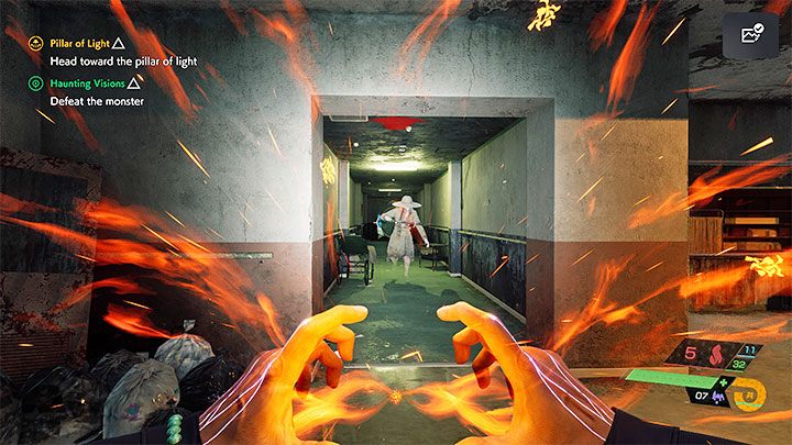 The monster - an elite Visitor - will appear shortly after entering the new corridor - Ghostwire Tokyo: Haunting Visions - walkthrough - Side missions - Ghostwire Tokyo Guide