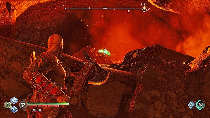 The raven sits next to the lava and the Legendary Chest described in the previous subsection - God of War Ragnarok: Burning Cliffs, Muspelheim - secrets, collectibles - Muspelheim - God of War Ragnarok Guide