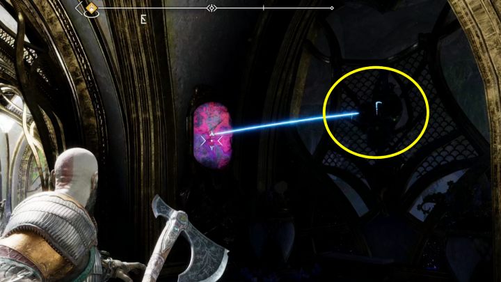 One of the bells with runes in Alfheim is hidden behind a grille. Bounce the axe from the crystal to activate the bell. - God of War Ragnarok: How to open Nornir Chests? - Exploration - God of War Ragnarok Guide