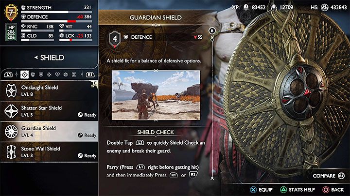 Unique trait - Shield Check: You can break the enemy's guard (2x L1), as well as parry attacks and counter (L1 at the last possible moment before you're hit, then R1 or R2) - God of War Ragnarok: All Kratos shields - Character development - God of War Ragnarok Guide