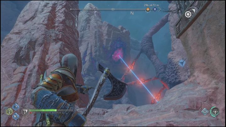 Jump on the blue handle and jump to the nearby rock - God of War Ragnarok: Secret of the Sands - walkthrough - Favors - Alfheim - God of War Ragnarok Guide