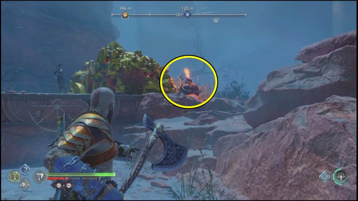 Destroy the red vessel standing behind the debris, the explosion will remove the blockade - God of War Ragnarok: Secret of the Sands - walkthrough - Favors - Alfheim - God of War Ragnarok Guide