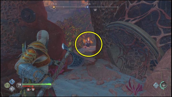 Throw the axe at the crystal behind one of the red connections - God of War Ragnarok: Secret of the Sands - walkthrough - Favors - Alfheim - God of War Ragnarok Guide