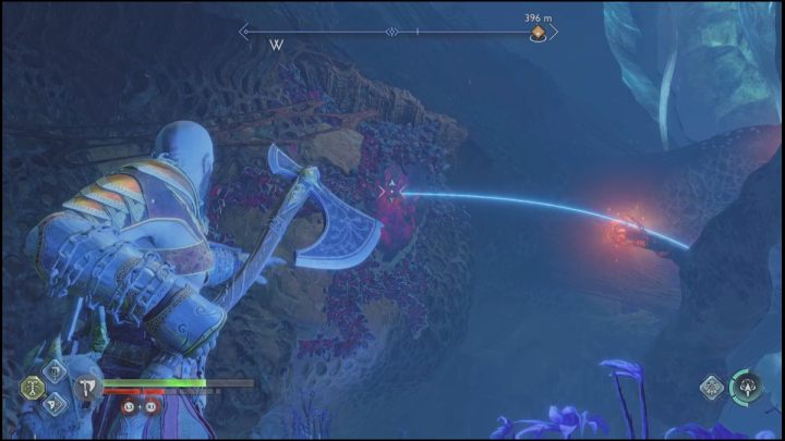 Finally, jump to the previous rock and aim the axe at the crystal on the wall - God of War Ragnarok: Secret of the Sands - walkthrough - Favors - Alfheim - God of War Ragnarok Guide