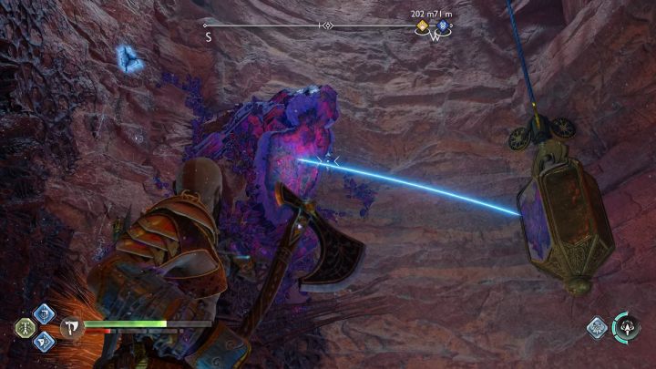 Throw the axe at the crystal, so that it bounces off of the crystal below, and wait until the blockade covering the place you can grab with the Blade is removed - God of War Ragnarok: Song of the Sands - walkthrough - Favors - Alfheim - God of War Ragnarok Guide