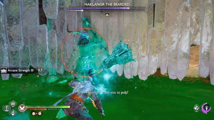 Haklangr's very dangerous red attack creates a green area around him - God of War Ragnarok: How to defeat the berserker Haklangr the Bearded? - Berserkers - God of War Ragnarok Guide