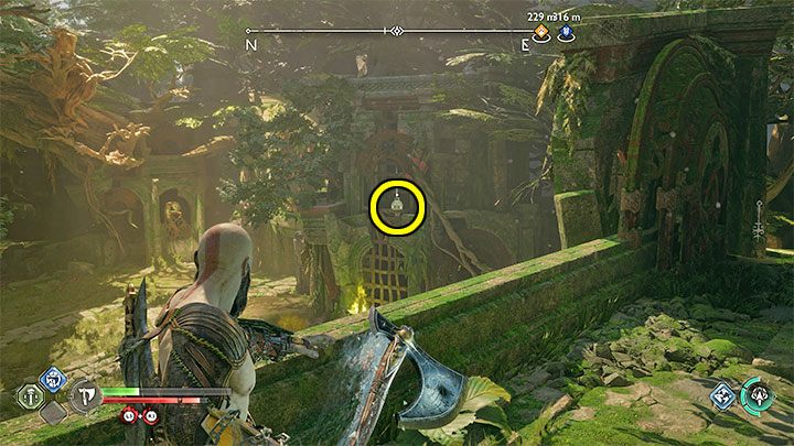 You can see a hanging explosive behind the second totem - God of War Ragnarok: Garden for the Dead - walkthrough - Favors - Vanaheim - God of War Ragnarok Guide
