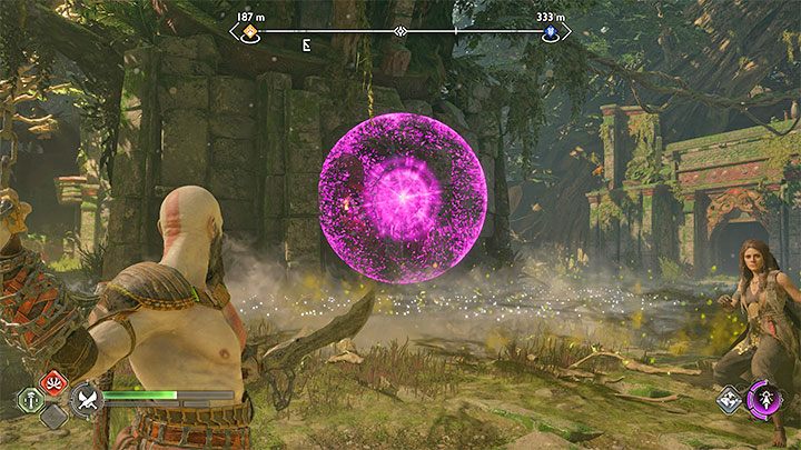 The third totem is in the central part of the garden and you can see another explosive vessel behind it - God of War Ragnarok: Garden for the Dead - walkthrough - Favors - Vanaheim - God of War Ragnarok Guide