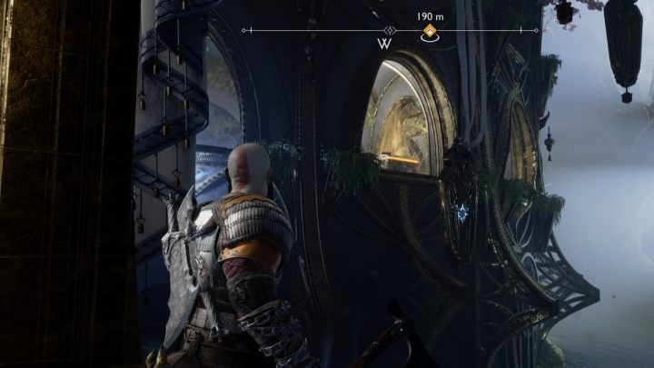 To get to the chest, you must grab the handle at the bottom of the crystal and swing it, then aim at the blue crystal on the wall next to it - God of War Ragnarok: Temple of Light, Alfheim - secrets, collectibles - Alfheim - God of War Ragnarok Guide