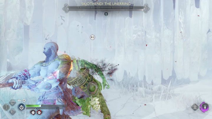 Once Skjothendi's health bar is depleted, there will be an opportunity to perform an execution on the boss - press R3 - God of War Ragnarok: How to defeat the berserker Skjothendi the Unerring? - Berserkers - God of War Ragnarok Guide