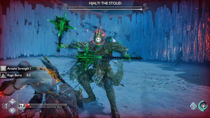 Once Hjalti's health bar is depleted, there will be an opportunity to perform an execution on the boss - press R3 - God of War Ragnarok: How to defeat the Brserker Hjalti the Stolid? - Berserkers - God of War Ragnarok Guide