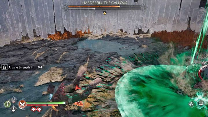 Hardrefill's red attack involves a jump high in the air and a surprise landing - the landing shockwave radius is symbolized with a green circle - God of War Ragnarok: How to defeat the Hardrefill the Callous berserker boss? - Berserkers - God of War Ragnarok Guide