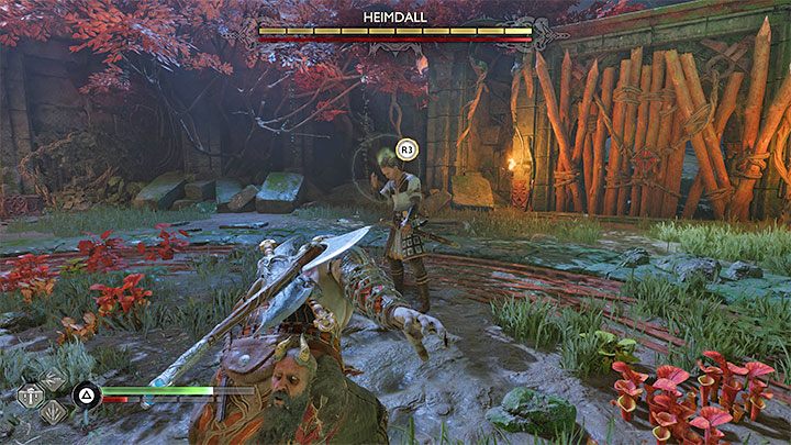 After a few well-timed explosions, Heimdall will be stunned - run up to him and press R3 to activate a wrestling scene - God of War Ragnarok: How to defeat Gulltoppr and Heimdall? - Bosses - God of War Ragnarok Guide