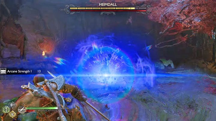 2) Red attacks - after time slows down and red rings appear, the boss can perform a bifrost attack (jump away from it quickly) or a sword strike (dodge) - God of War Ragnarok: How to defeat Gulltoppr and Heimdall? - Bosses - God of War Ragnarok Guide