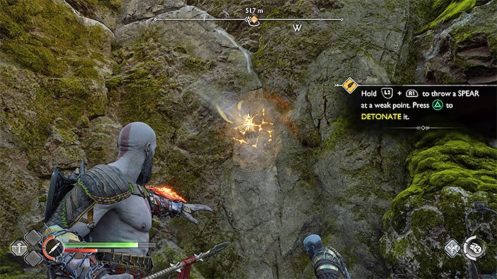 This is the first time where you need to use the spear to unlock the path forward - equip it and aim and throw at the weak point with escaping air (screenshot) - God of War Ragnarok: Forging Destiny - walkthrough - Walkthrough - God of War Ragnarok Guide