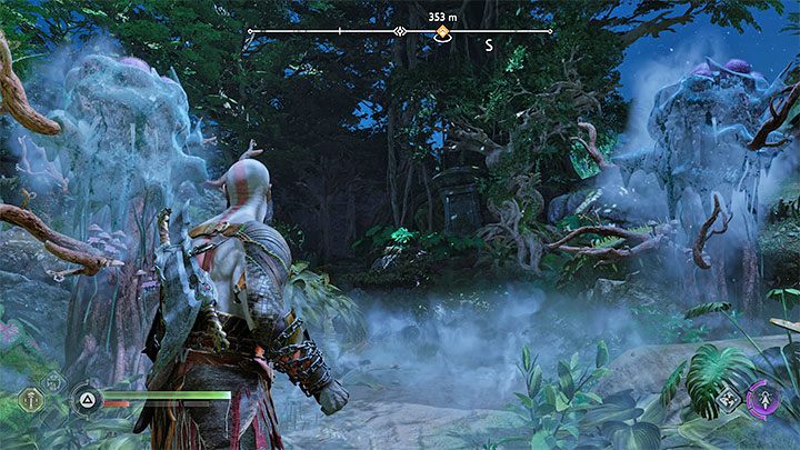 Sigil arrows will allow you to freeze both plants at the same time - the picture above shows an example - God of War Ragnarok: How to avoid blue poisonous gas in Vanaheim? - Exploration - God of War Ragnarok Guide