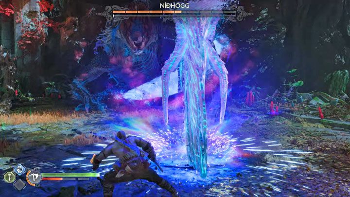 The boss will start using a red attack that involves driving blades into the ground - they will appear at gaps generated by the snake - God of War Ragnarok: How to defeat Nidhogg from Vanaheim? - Bosses - God of War Ragnarok Guide