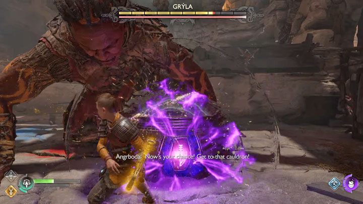Gryla may drop the cauldron temporarily - use this opportunity for melee attacks - God of War Ragnarok: How to defeat Gryla and how to destroy the cauldron? - Bosses - God of War Ragnarok Guide