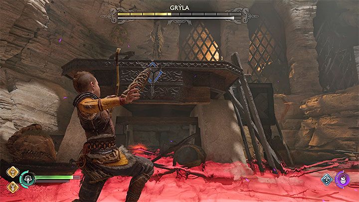 At certain points in the battle, the ground will light up red - a warning of a larger area attack - God of War Ragnarok: How to defeat Gryla and how to destroy the cauldron? - Bosses - God of War Ragnarok Guide