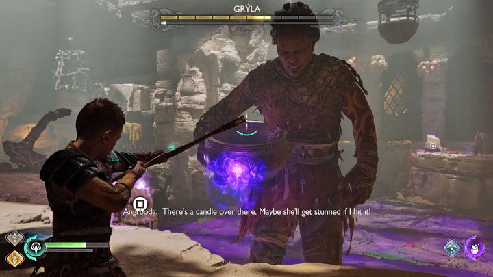 When fighting on the upper level, you theoretically have less room for action, but you can grab onto interactive hooks and use them to move to other places - God of War Ragnarok: How to defeat Gryla and how to destroy the cauldron? - Bosses - God of War Ragnarok Guide