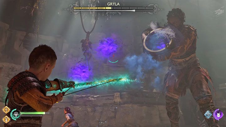 Gryla will start using a new type of yellow attack - release homing purple projectiles - God of War Ragnarok: How to defeat Gryla and how to destroy the cauldron? - Bosses - God of War Ragnarok Guide