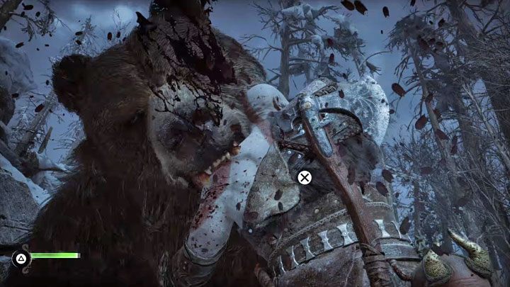 You must start the fight by quickly pressing the X button to free yourself from the bear's jaws - God of War Ragnarok: How to defeat Bear Bjorn? - Bosses - God of War Ragnarok Guide
