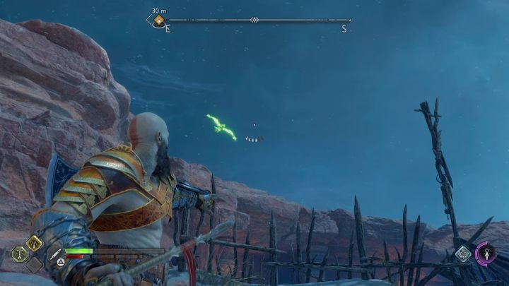 You can find it circling in the air above the wooden barricade - God of War Ragnarok: The Canyons, Alfheim - secrets, collectibles - Alfheim - God of War Ragnarok Guide
