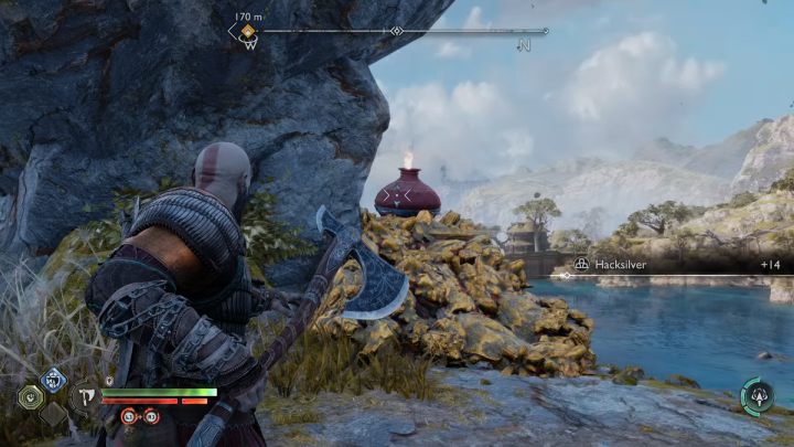 After leaving the boat, destroy the red vessel to smash the debris blocking the path on the right - God of War Ragnarok: The Weight of Chains - favor, walkthrough - Favors - Svartalfheim - God of War Ragnarok Guide