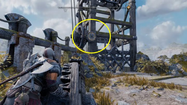 Grab the wheel and lower the crane 2 levels down - God of War Ragnarok: The Weight of Chains - favor, walkthrough - Favors - Svartalfheim - God of War Ragnarok Guide
