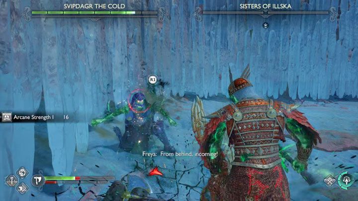 try to execute any of the Sisters of Illska (R3) - you can do that after exhausting their joint health bars - God of War Ragnarok: How to defeat Svipdagr the Cold and Sisters of Illska? - Berserkers - God of War Ragnarok Guide