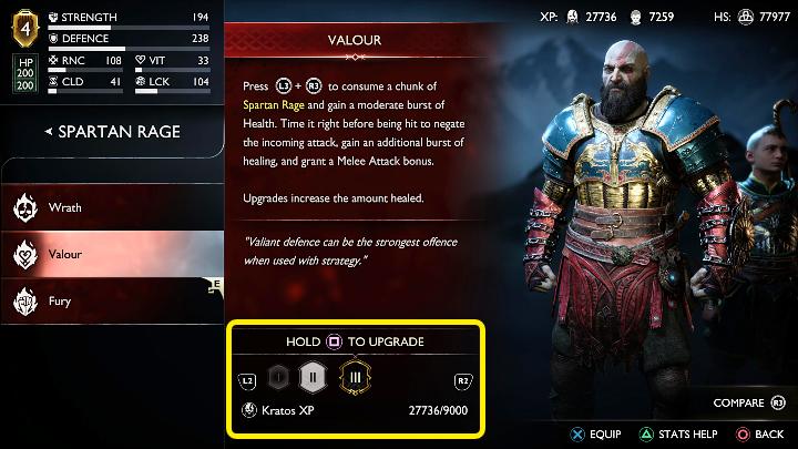 Each variant of Spartan Rage can be upgraded to a maximum of level 3 by spending experience points - God of War Ragnarok: Weapons - Character development - God of War Ragnarok Guide
