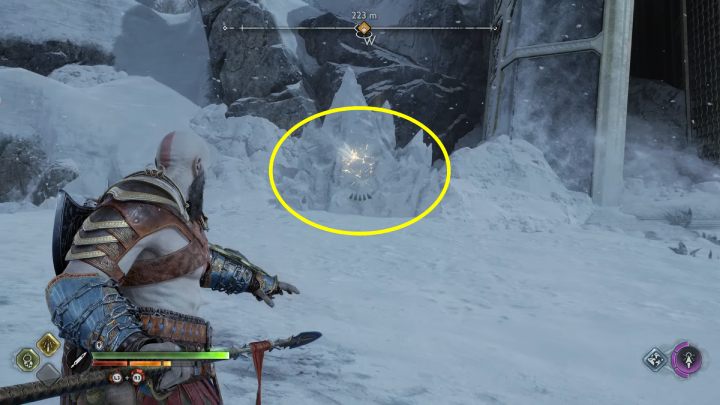 The chest is hidden behind an ice block lit in yellow - God of War Ragnarok: Lake of Nine, Midgard - secrets, collectibles - Midgard - God of War Ragnarok Guide